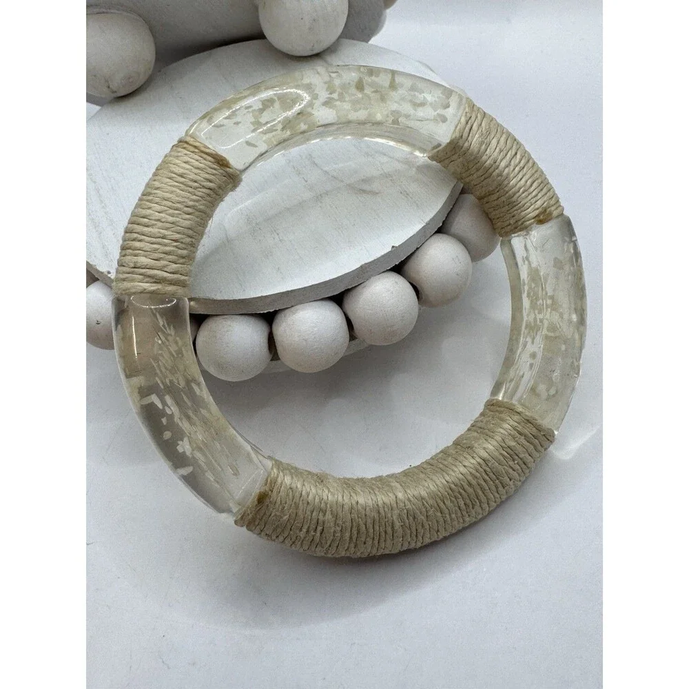 Vtg Lucite Bangle Bracelet Iridescent Inclusions Mother Of Pearl Twine Wrapped